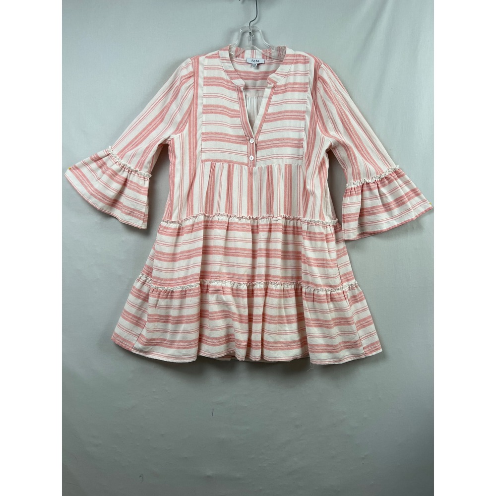 Fate Striped Tiered Babydoll Dress Women M Pink White Bell Sleeve Boho Beach